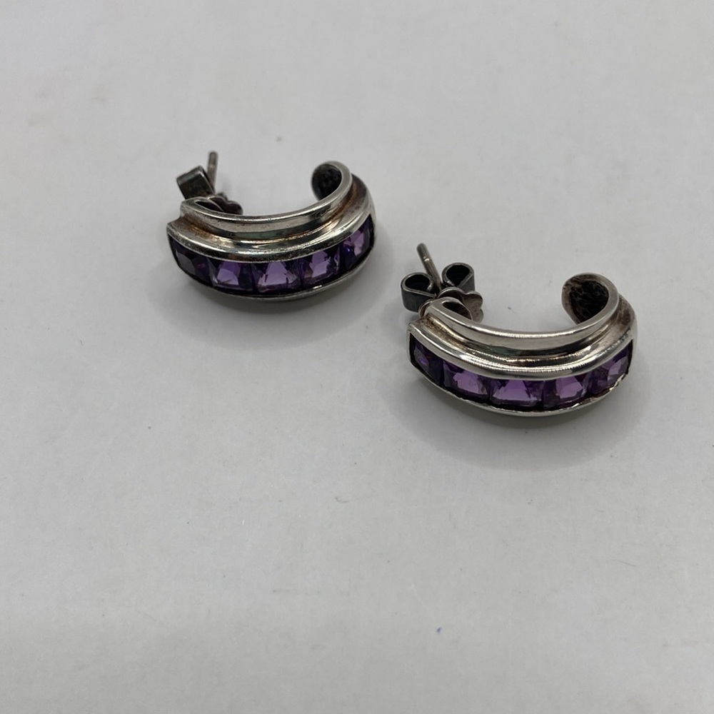 Sterling Silver 925 Channel Set Purple Amethyst Open Hoop Earrings Pierced - Picture 12 of 13
